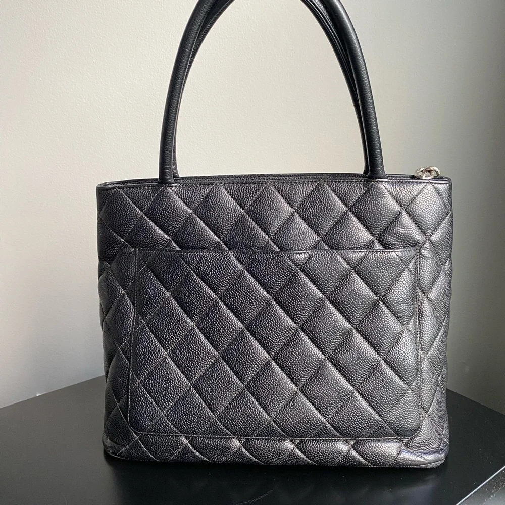 CHANEL MEDALLION BLACK & SILVER HARDWARE QUILTED CAVIAR TOTE